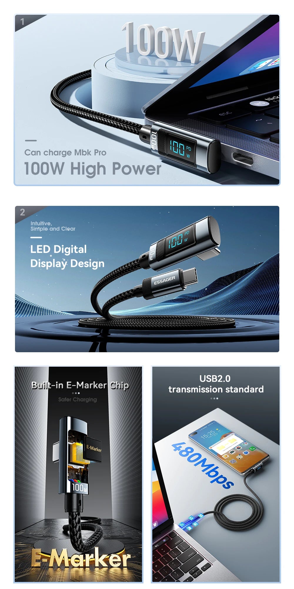 Essager 100W USB-C Fast Charging Cable with LED Display