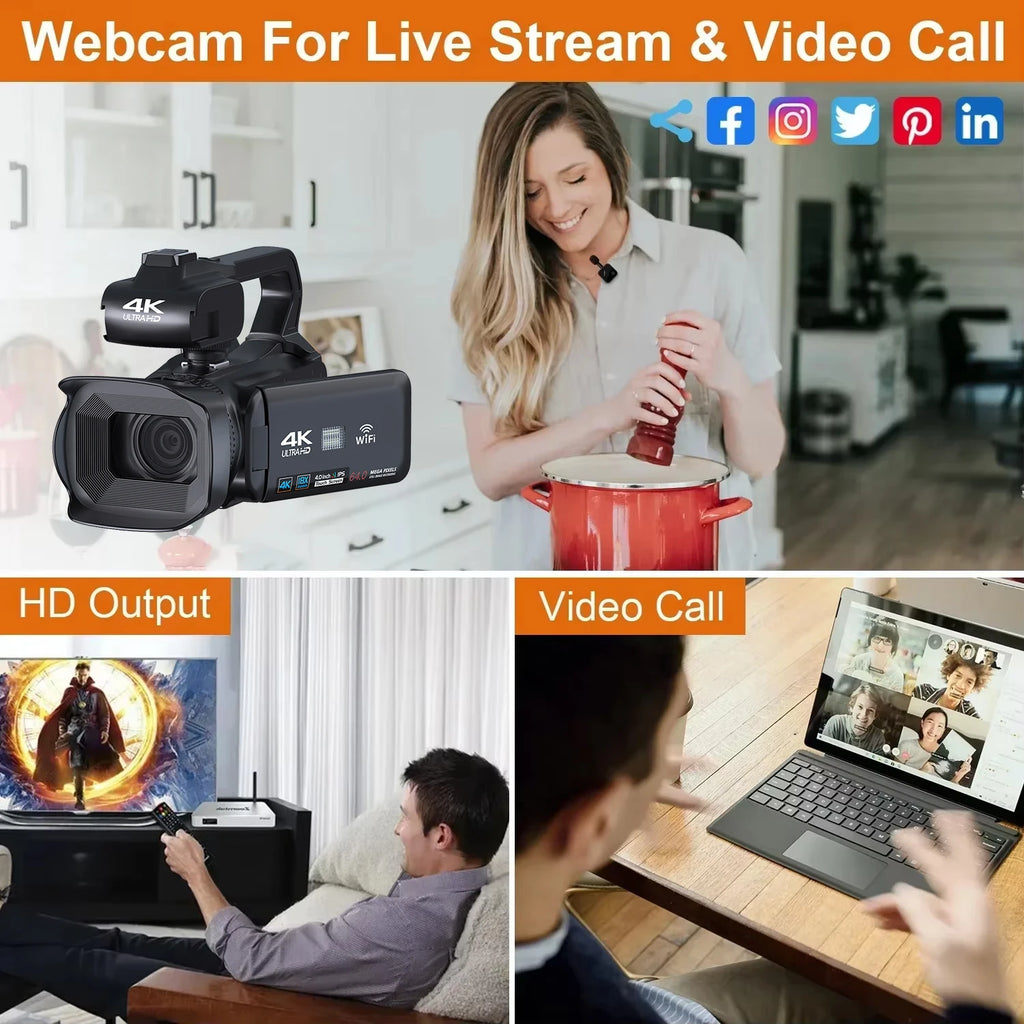 4K 64MP WiFi Vlogging Camcorder with Night Vision