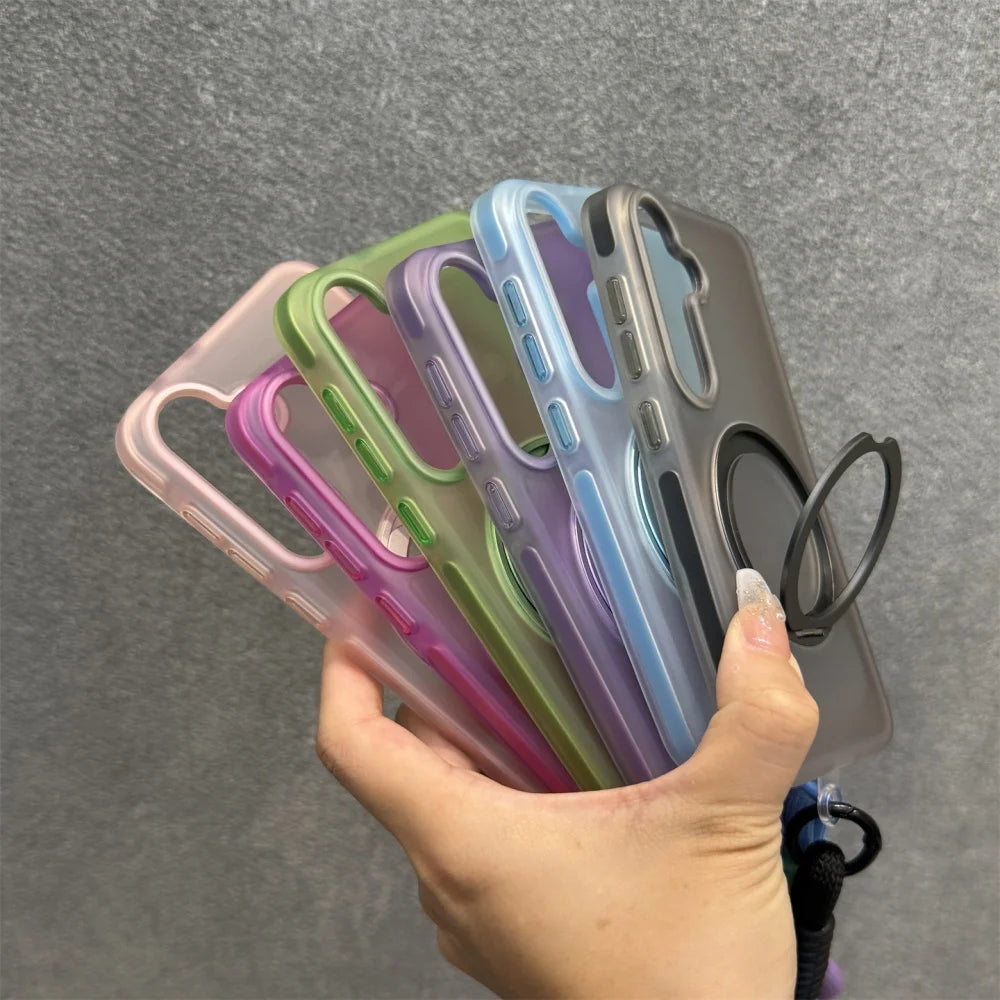 Matte Magnetic Ring Stand Case with Wrist Strap for Samsung Galaxy