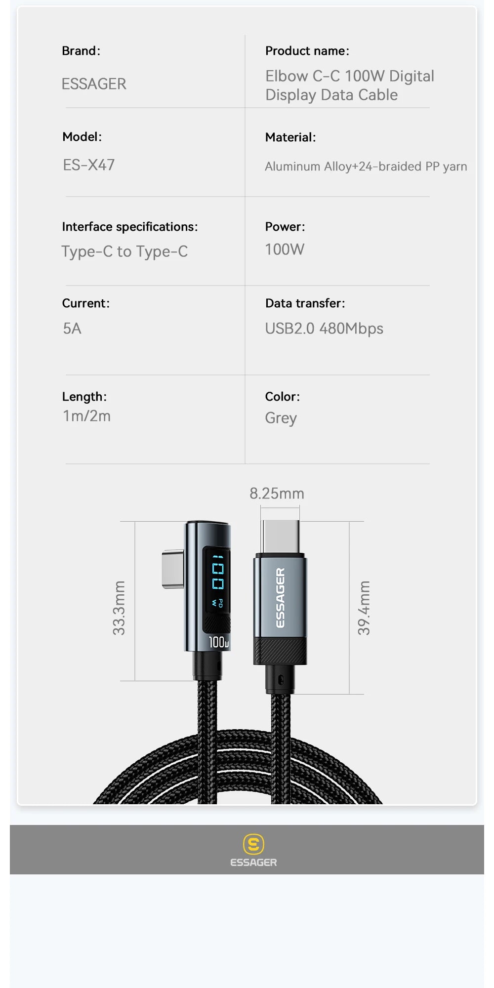 Essager 100W USB-C Fast Charging Cable with LED Display