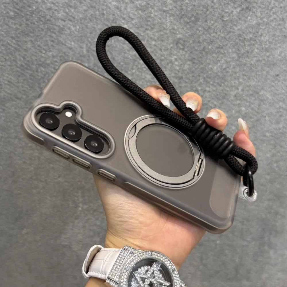 Matte Magnetic Ring Stand Case with Wrist Strap for Samsung Galaxy