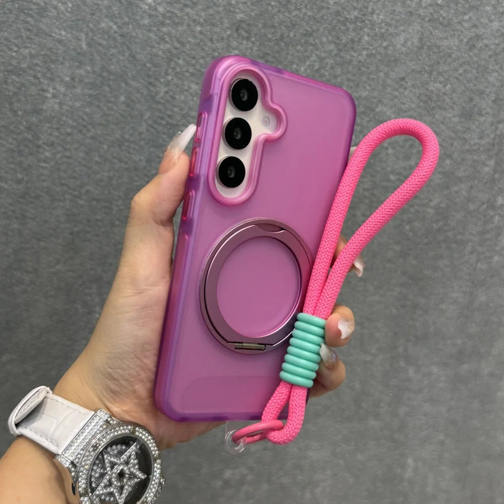 Matte Magnetic Ring Stand Case with Wrist Strap for Samsung Galaxy
