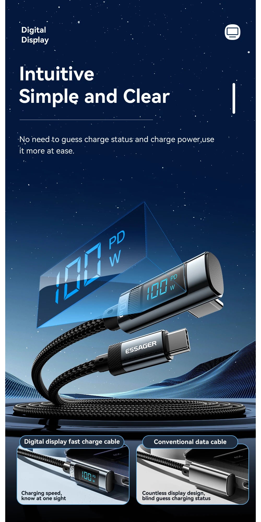 Essager 100W USB-C Fast Charging Cable with LED Display